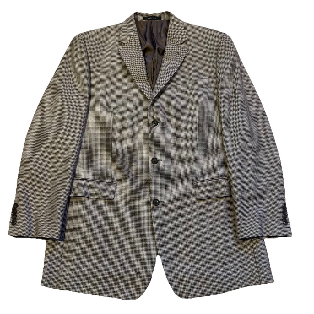 Calvin Klein Blazer Mens 42L Long Houndstooth Pattern Brown/Tan Wool Silk Blend‎